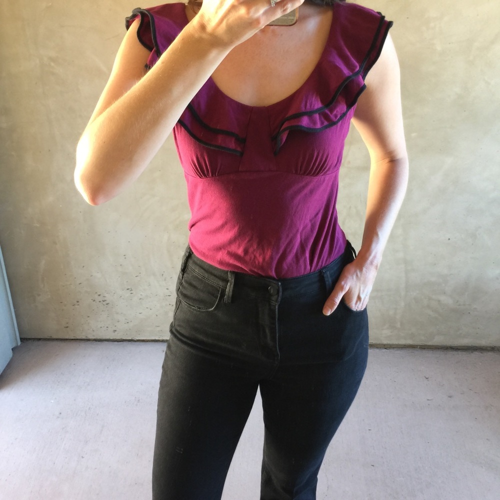 Elle Burgundy Ruffled Knit Top with Black Piping