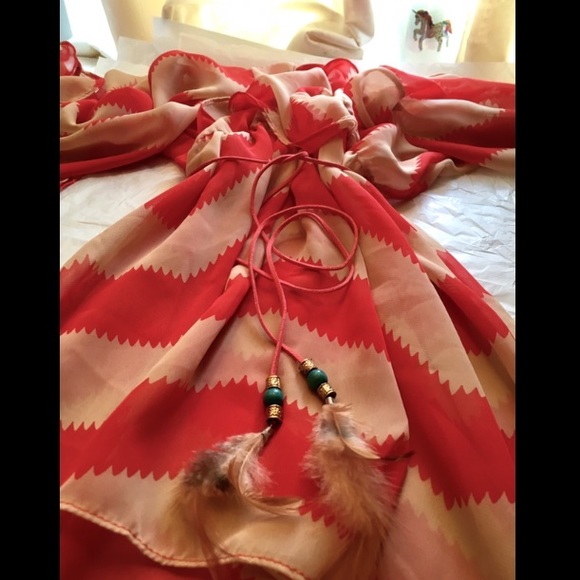 ⛱Sheer Red Dress with feather belt - Picture 5 of 6
