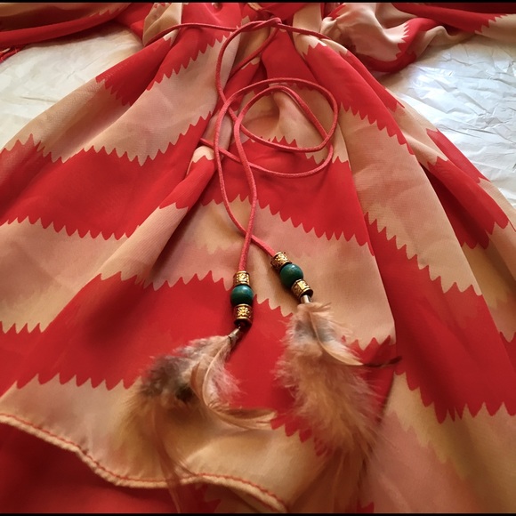 ⛱Sheer Red Dress with feather belt - Picture 6 of 6