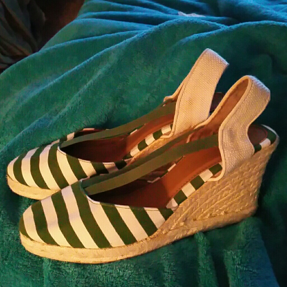 Green Striped Canvas Wedge Shoes