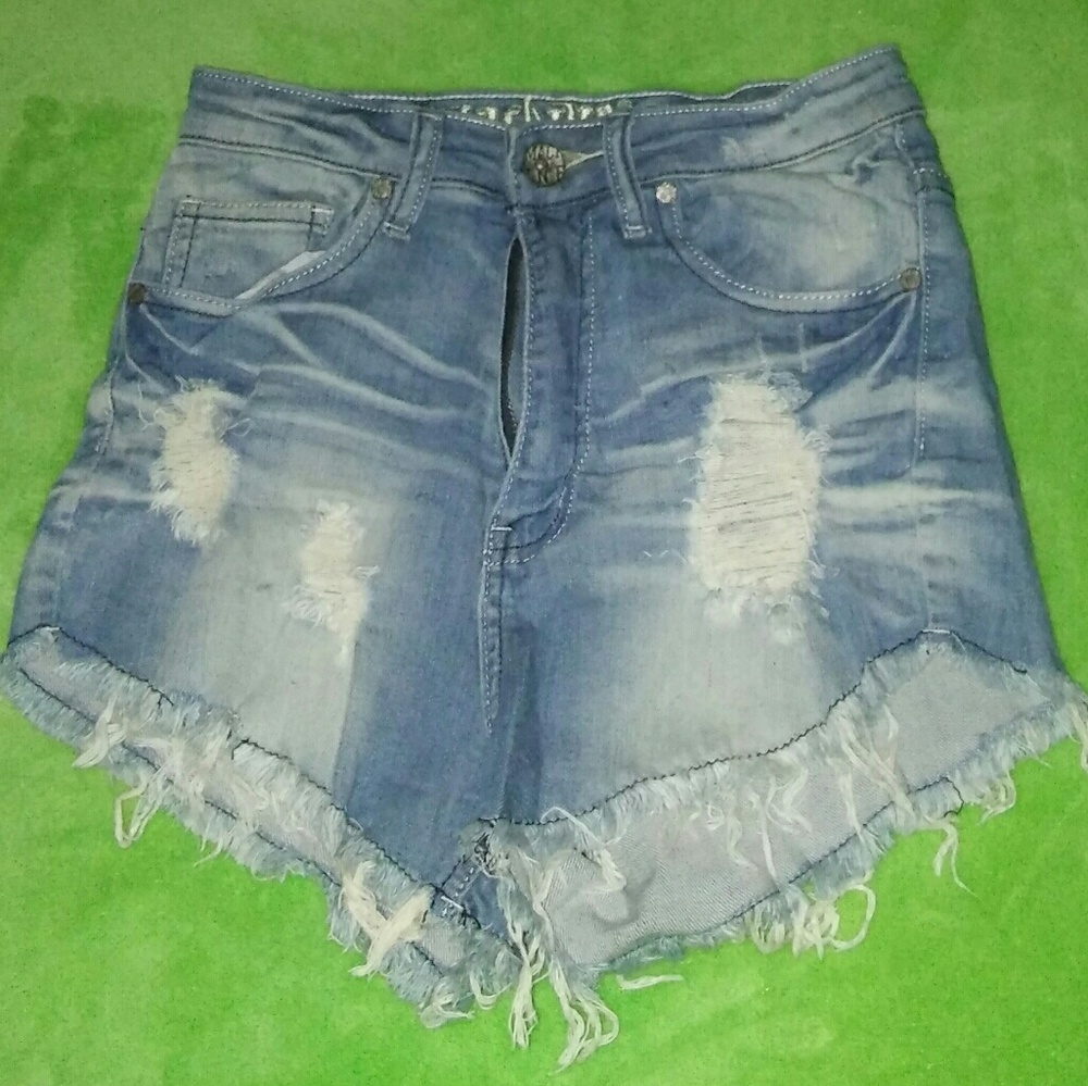 Machine Light Wash High Waisted Jean Shorts