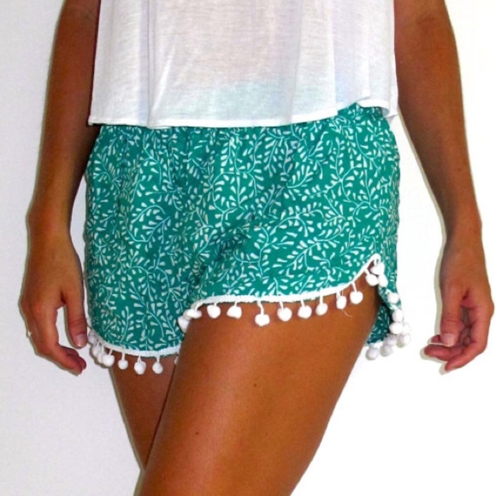 Green and White Leaf Pom Pom Shorts