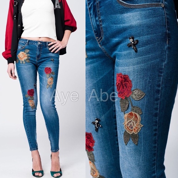 sexy skinny denim jeans embroidered trendy sold - Picture 2 of 3