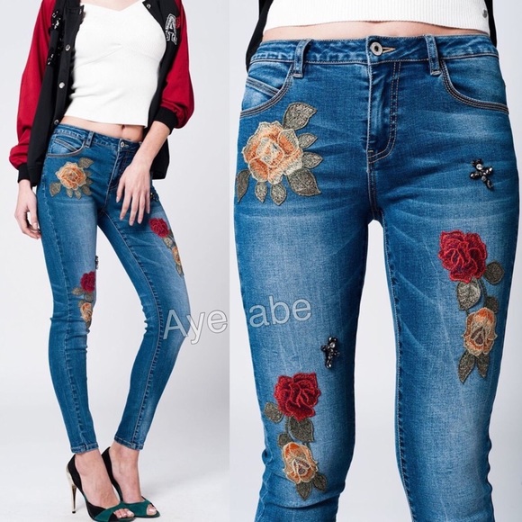 sexy skinny denim jeans embroidered trendy sold - Picture 3 of 3