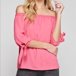 Solid Off-Shoulder Top W/ 3/4 Tie Sleeve - Fushsia