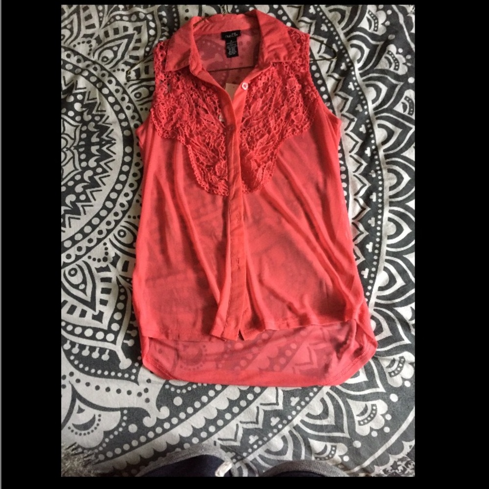 Sleeveless Sheer Coral Crochet Collared Blouse