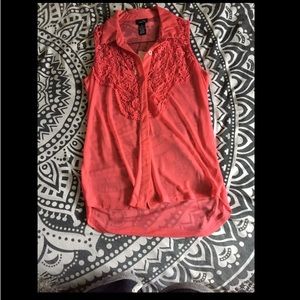 Sleeveless Sheer Coral Crochet Collared Blouse