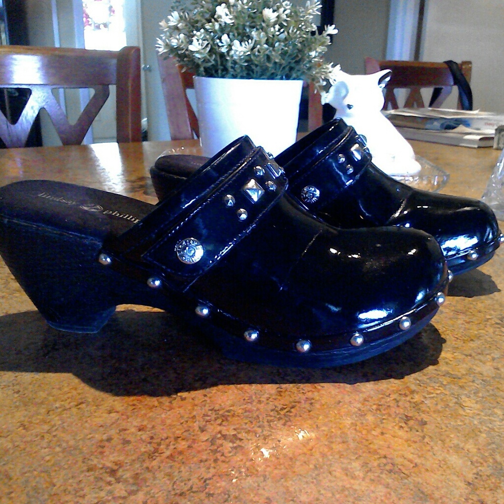 Shiny Black Patent Mules with Silver Studs