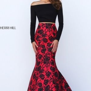 Sherri Hill Two Piece Prom Dress Red/Black Floral