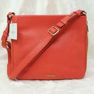 Fossil Preston Top Zip Leather Crossbody in Tomato