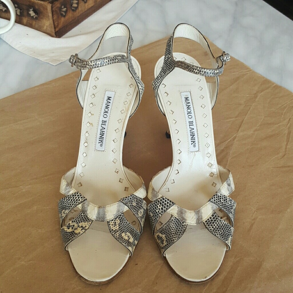 Manolo Blahnik Lizard Skin Heeled Sandals