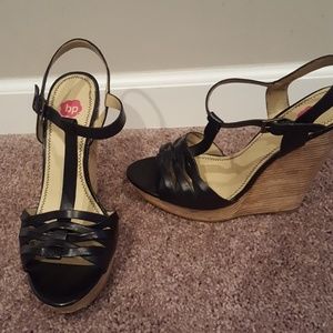 Black leather t-strap wedges