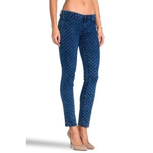 Blank denim jeans with black velvet polka dots