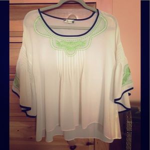 Cream Top by Ketz-Ke with Green embroidery Size S