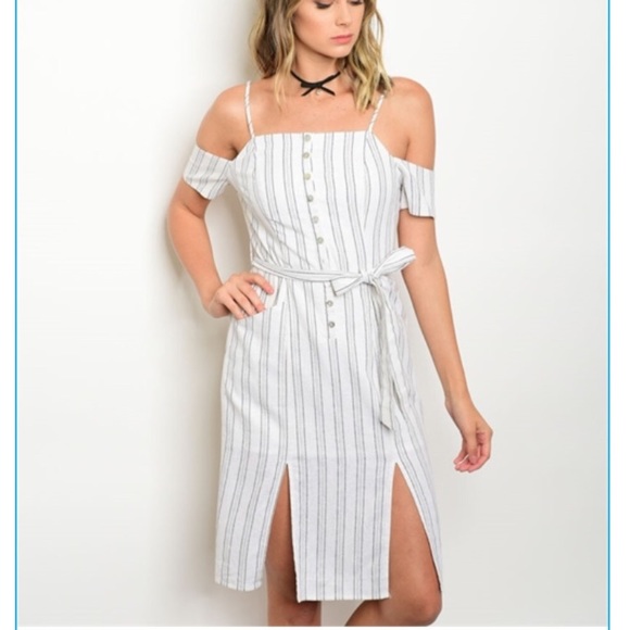White pinstriped off the shoulder summer dress. - Picture 2 of 6
