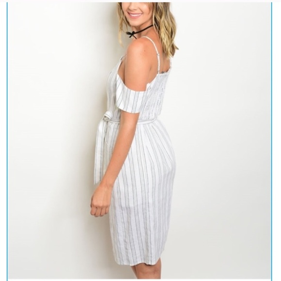White pinstriped off the shoulder summer dress. - Picture 3 of 6