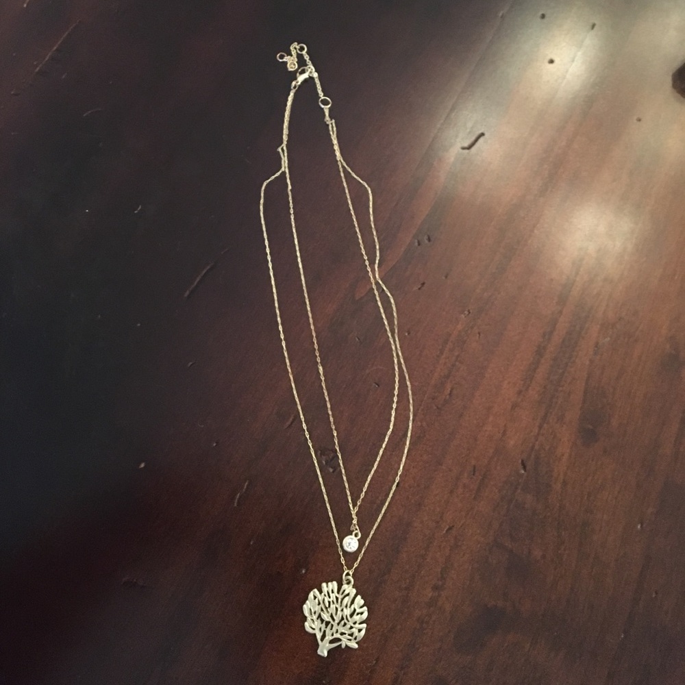 Gold Toned Two Layer Tree and Rhinestone Necklace