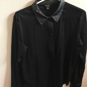 Blouse with faux leather trim