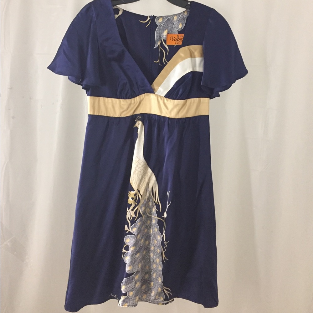 Gorgeous Navy Silk Dress with Peacock Design
