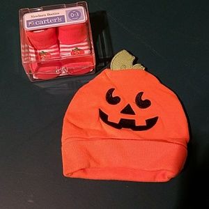 Newborn Fall Pumpkin Halloween Booties Hat new 0-3