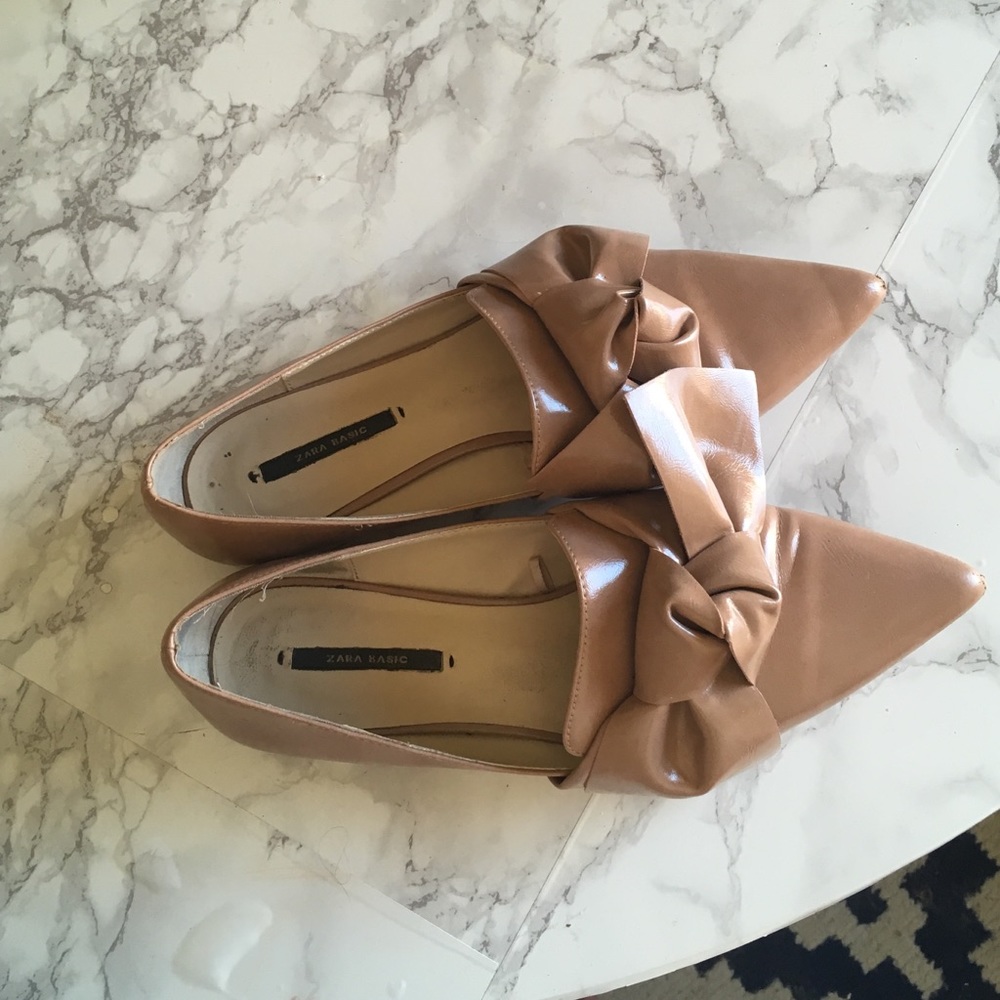 zara nude patent bow flats loafers