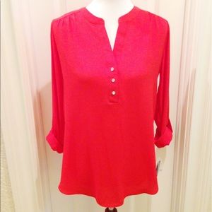 Red tab sleeve blouse + bling button accents - S