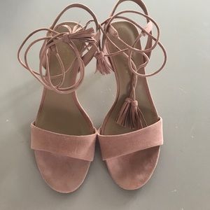 Nude suede tie up tassel heel, size 7.5