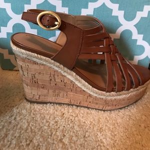 Brown woven cork wedges