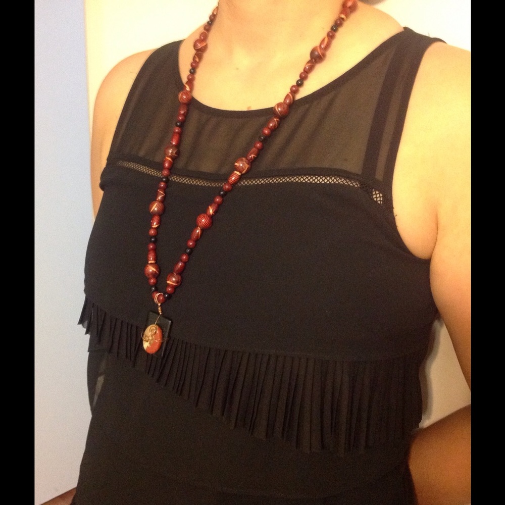 Vintage boho bead copper pendant stone necklace