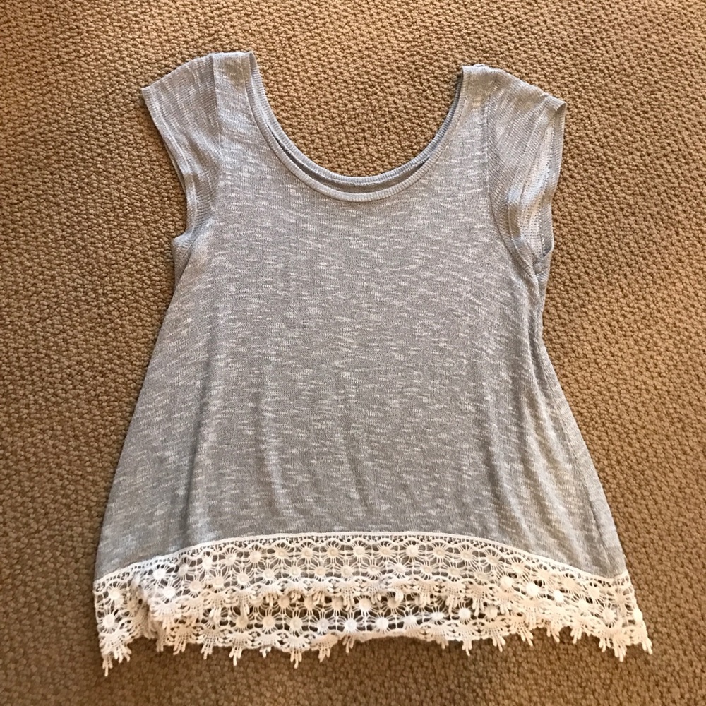 Light grey top with off-white crochet trim