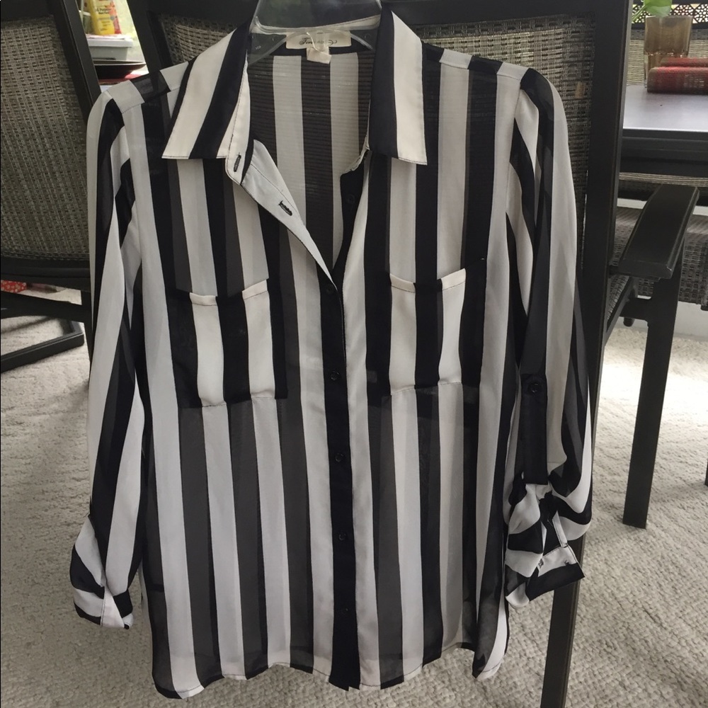 Trendy black and white stripe style sheer top