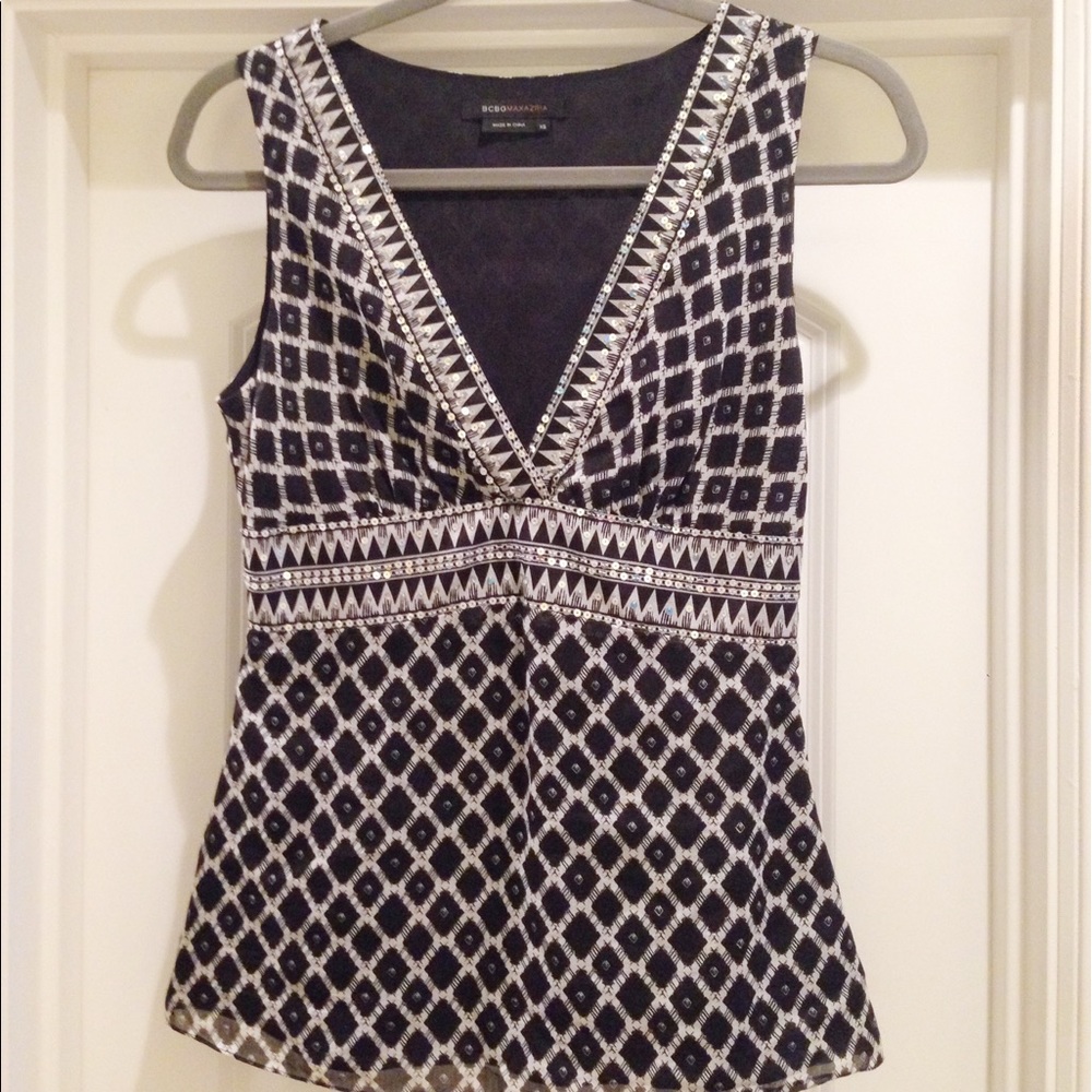BCBGMAXAZRIA sleeveless v-neck top w/sequin detail
