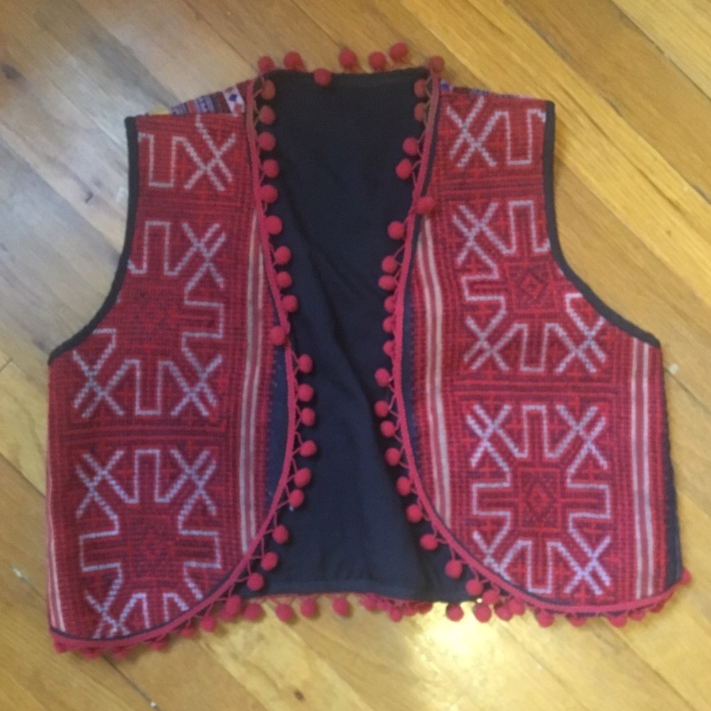 Vintage embroidered festival vest, pompoms.