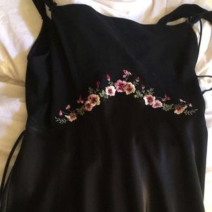 Silk black dress embroidered with flowers