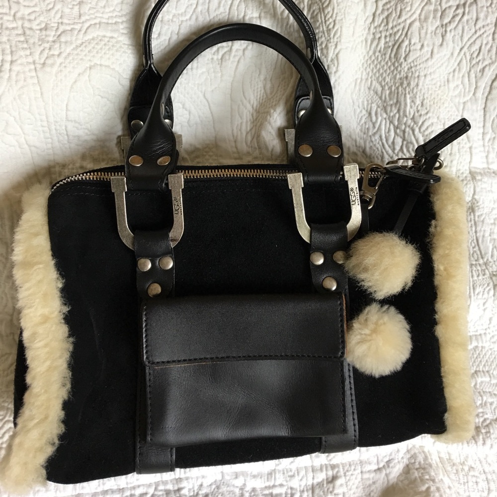 Ugg Black Suede Handbag with Shearling Trim