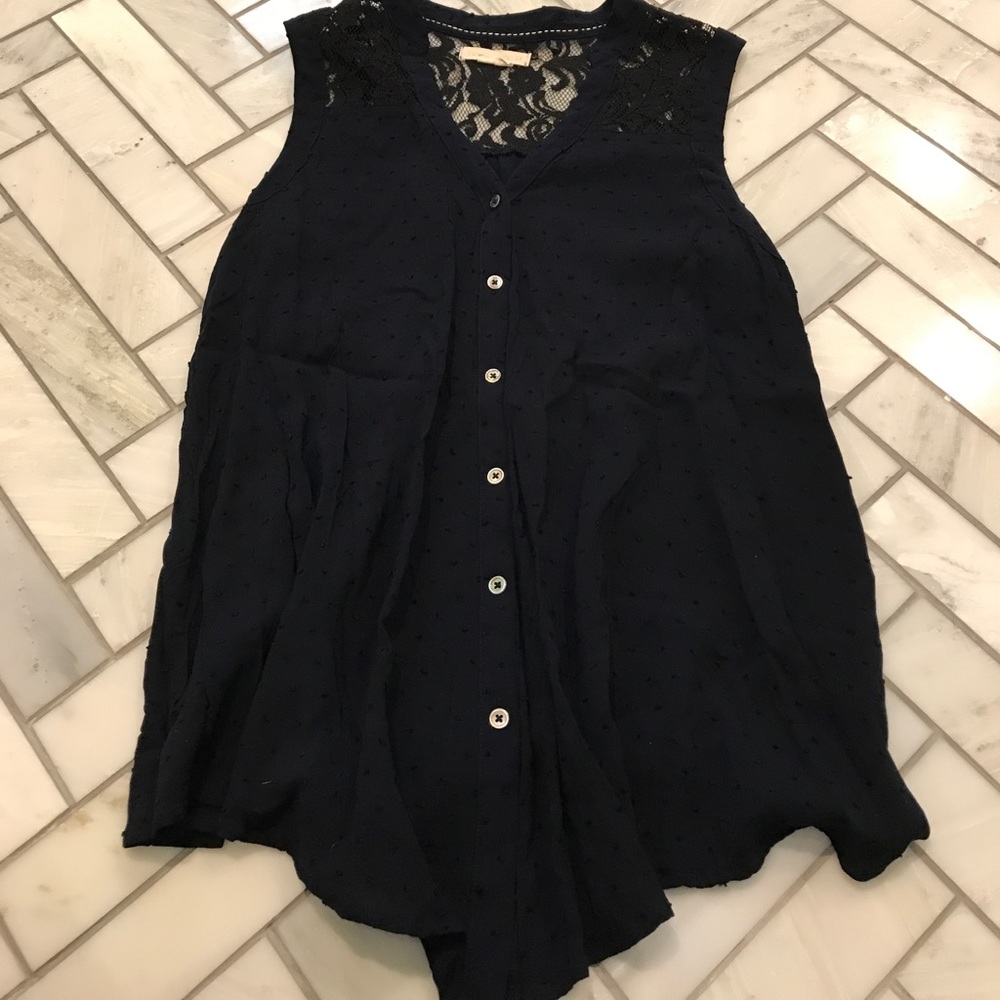 Anthropologie navy Swiss dot sleeveless top.