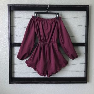 Off the shoulder maroon long sleeve romper