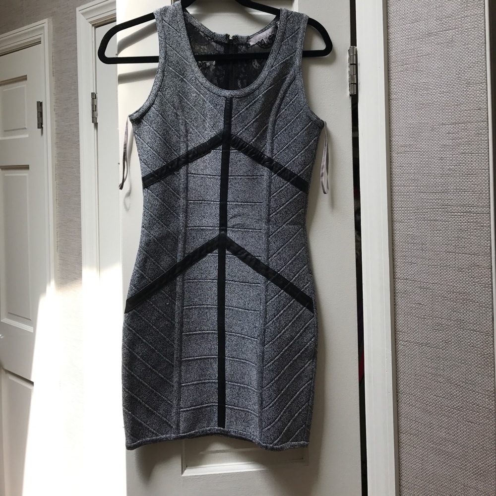 bodycon dress with lace and leather detail