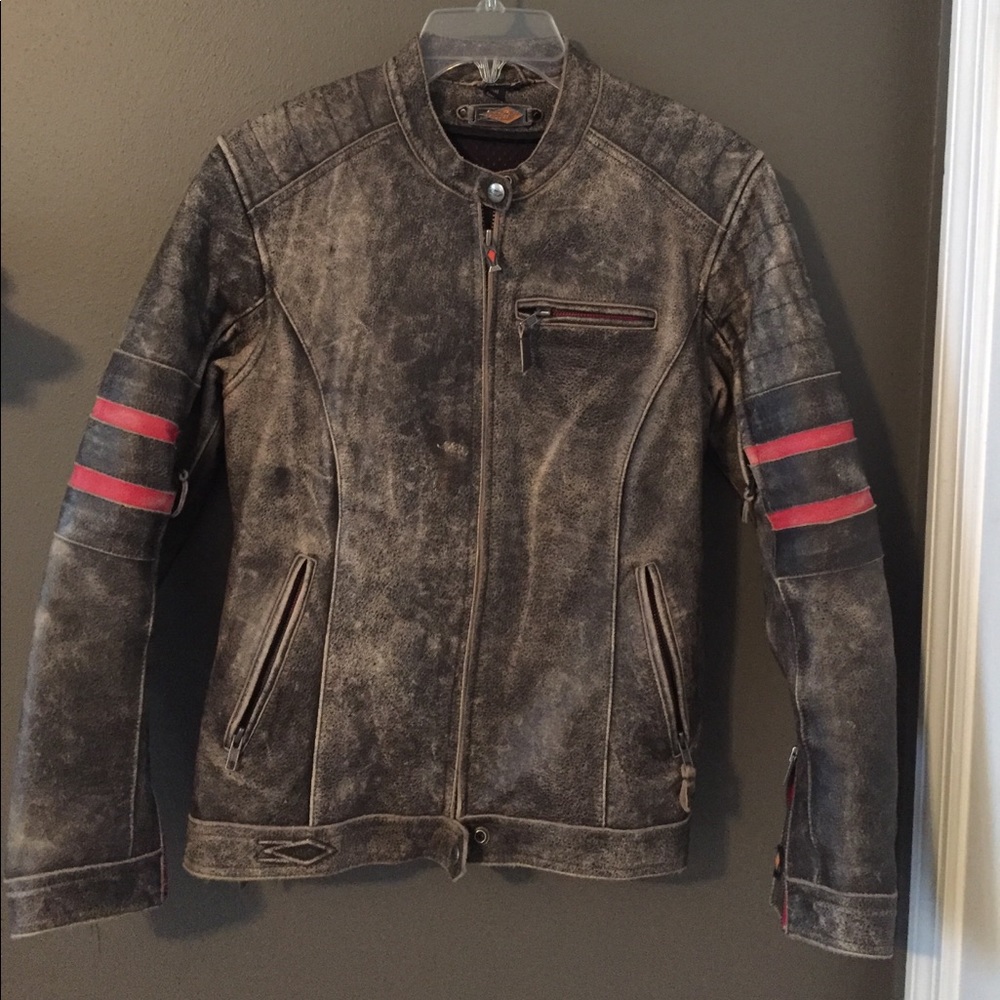 Aged brown leather motorcycle jacket