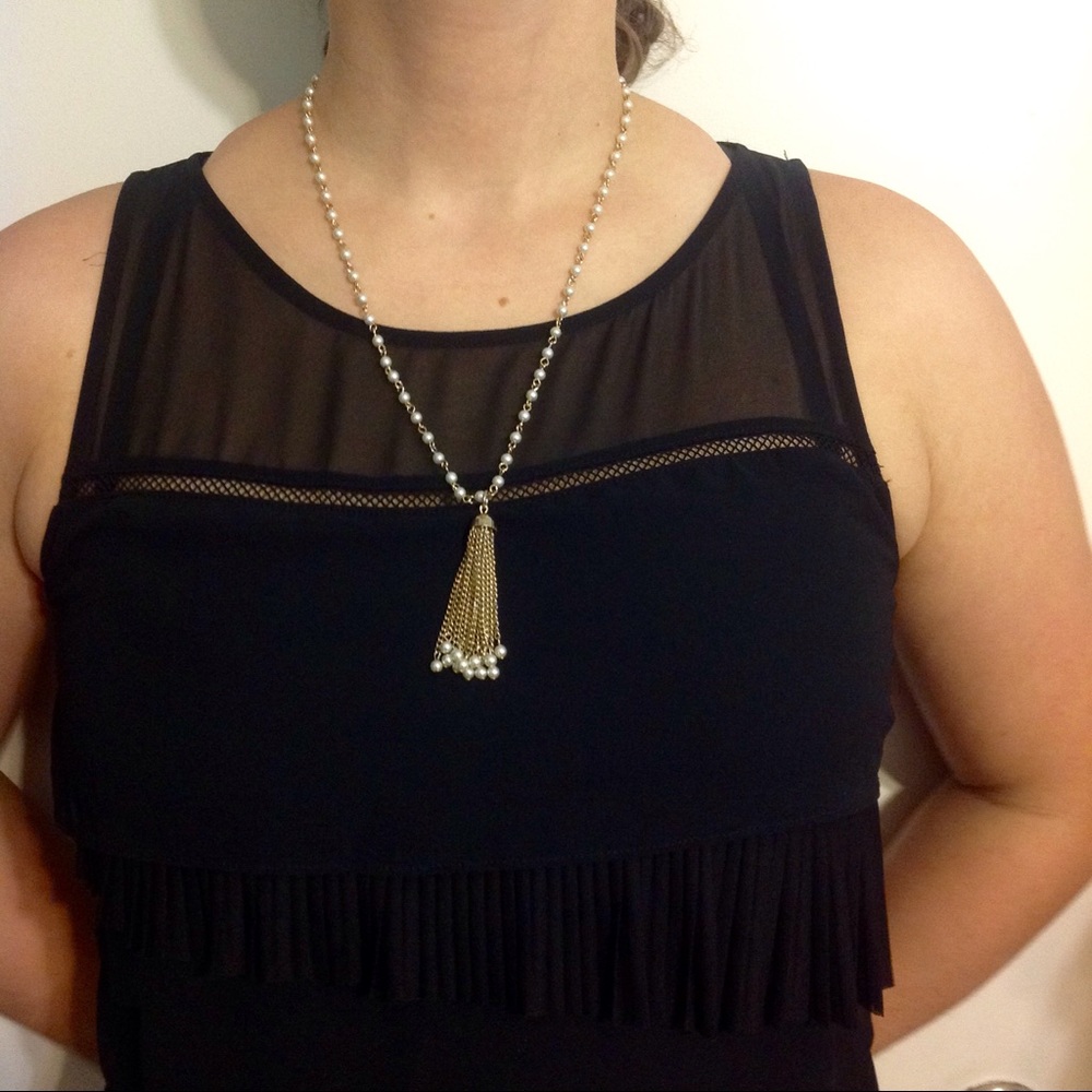 Vintage gold pearl Monet Tassel Fringe necklace