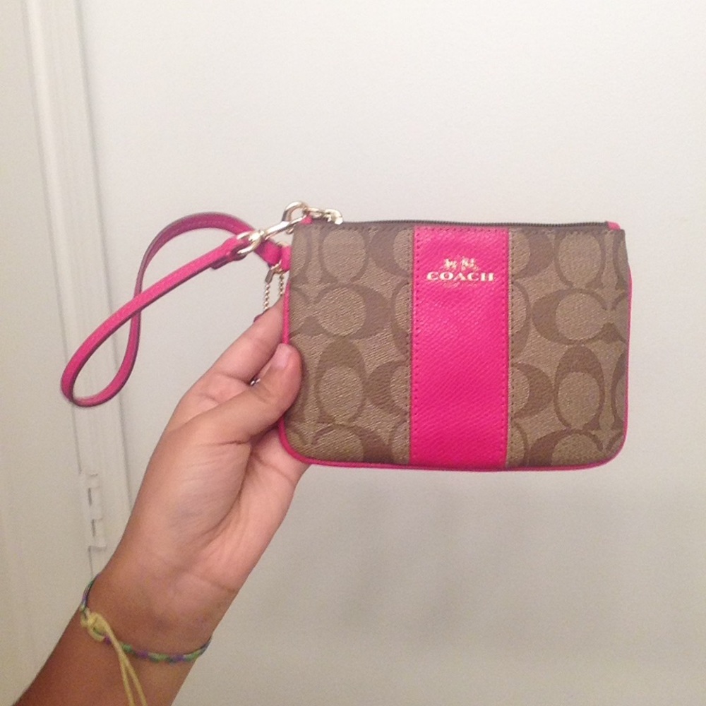 Coach pink and brown wristlet