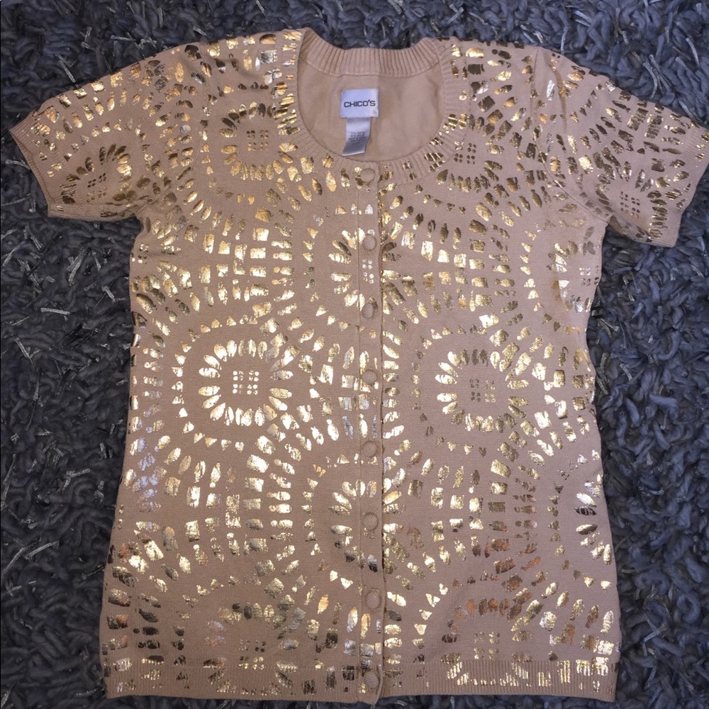 Chico's Gold Metallic Short Sleeve Cardigan SZ 0