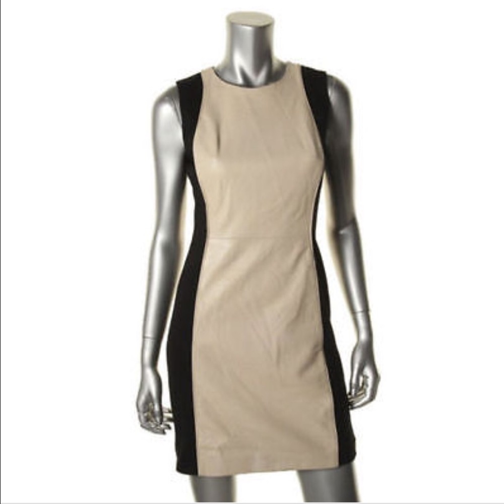 Aqua Beige and Black leather paneled pencil dress