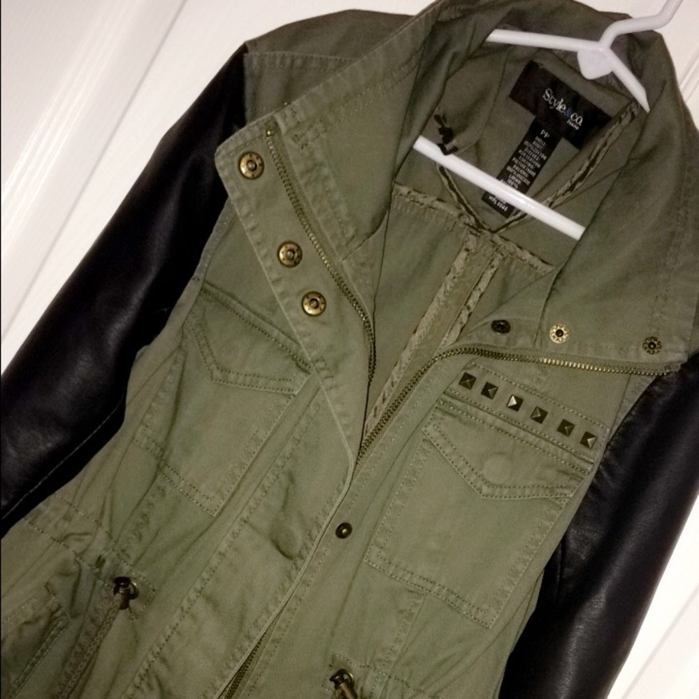 Army green jacket with leather sleeves