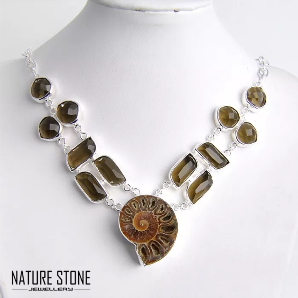 Stunning Ammonite and Smoky Topaz Silver Necklace