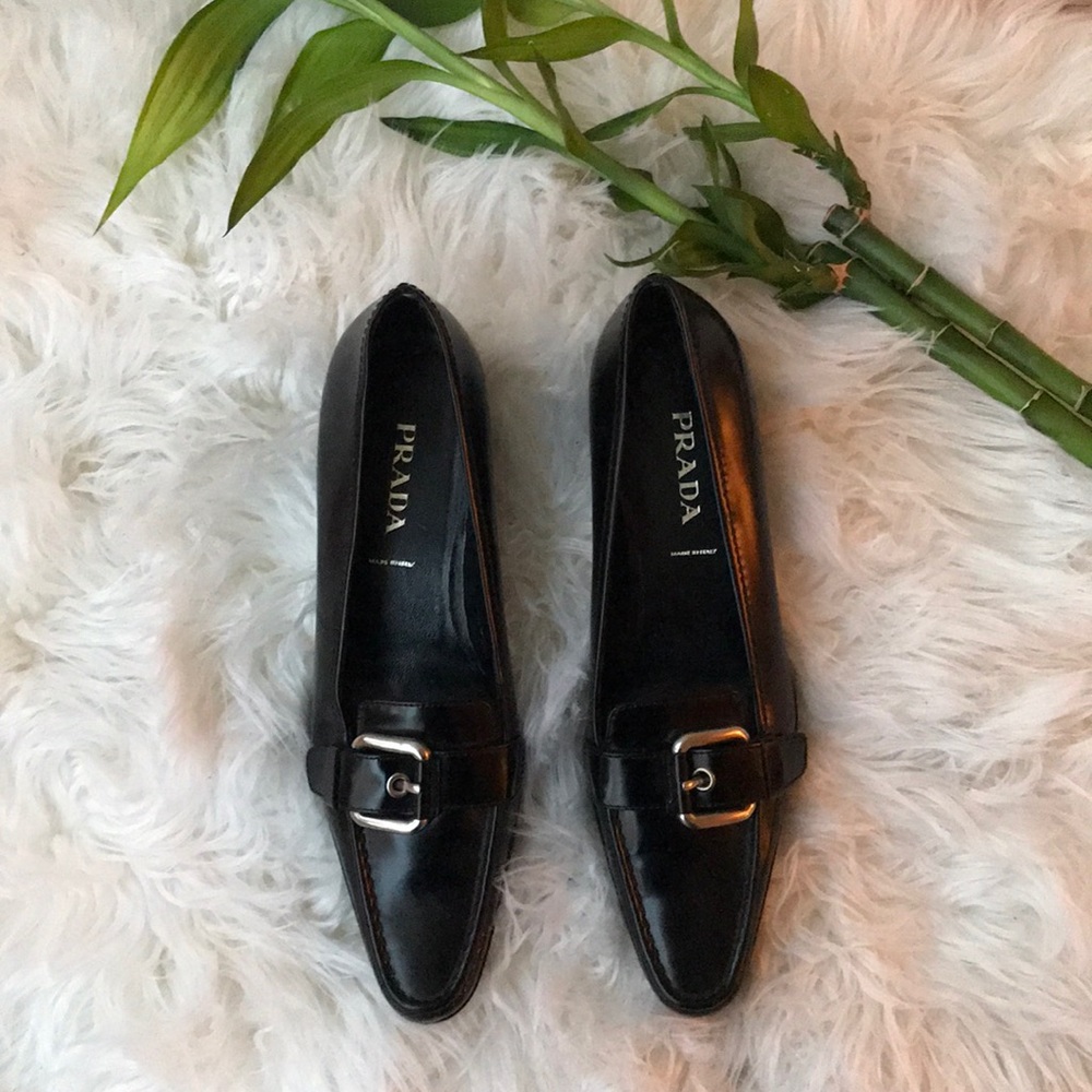 PRADA Black Loafers Flats Silver Buckle