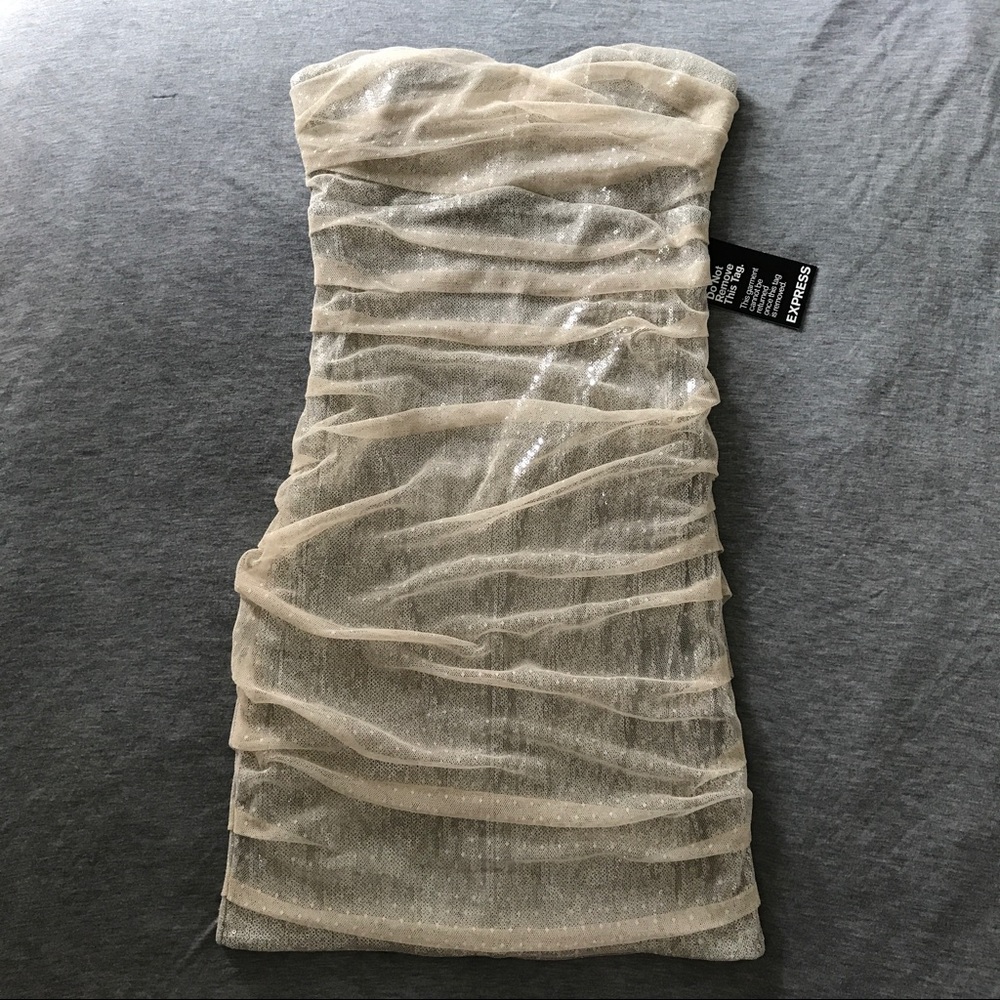 Express Strapless Nude Champagne Ruched Dress