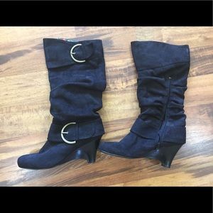 Black calf high wedge boots