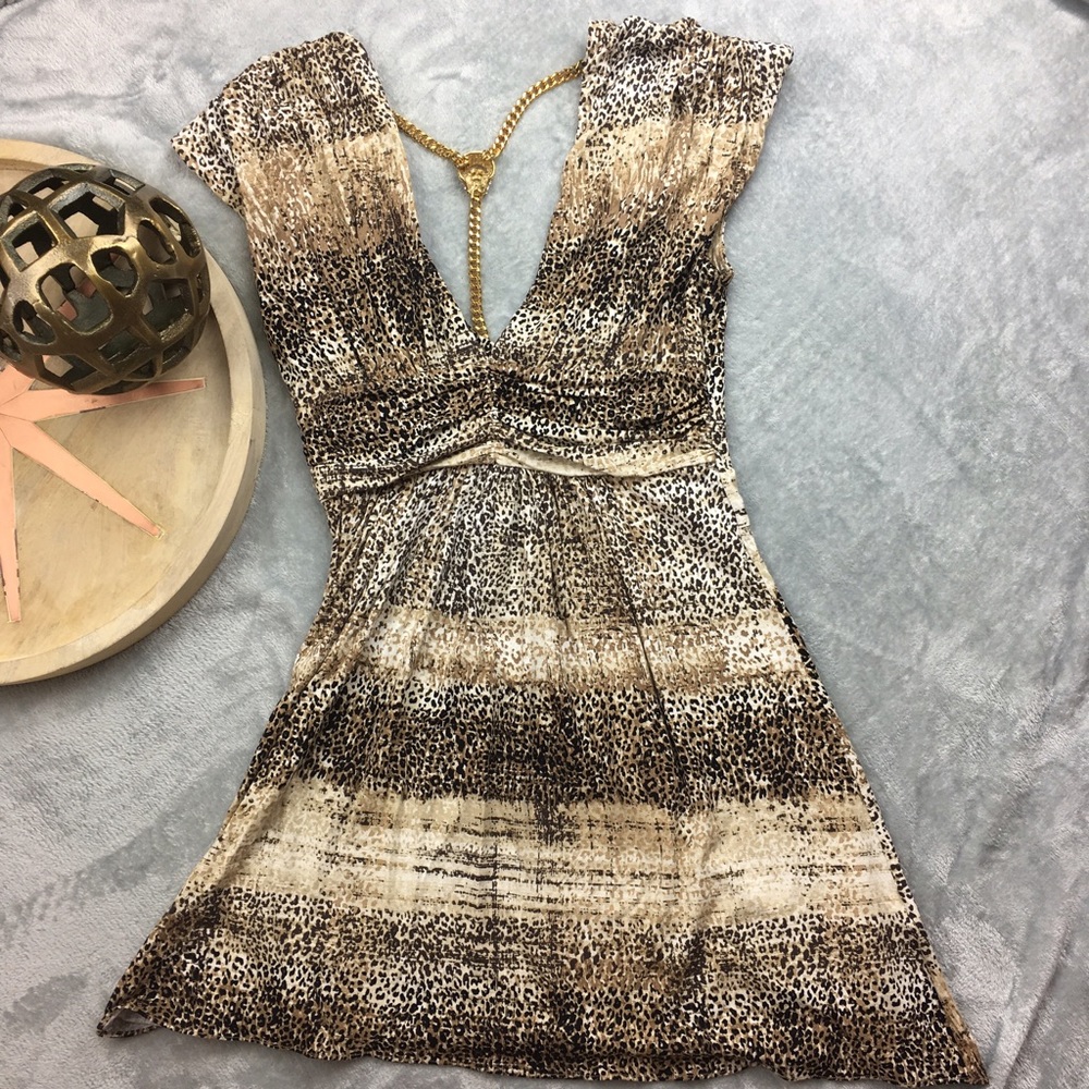 NWT Sky Dress Sz S Animal Print Gold Chain Detail