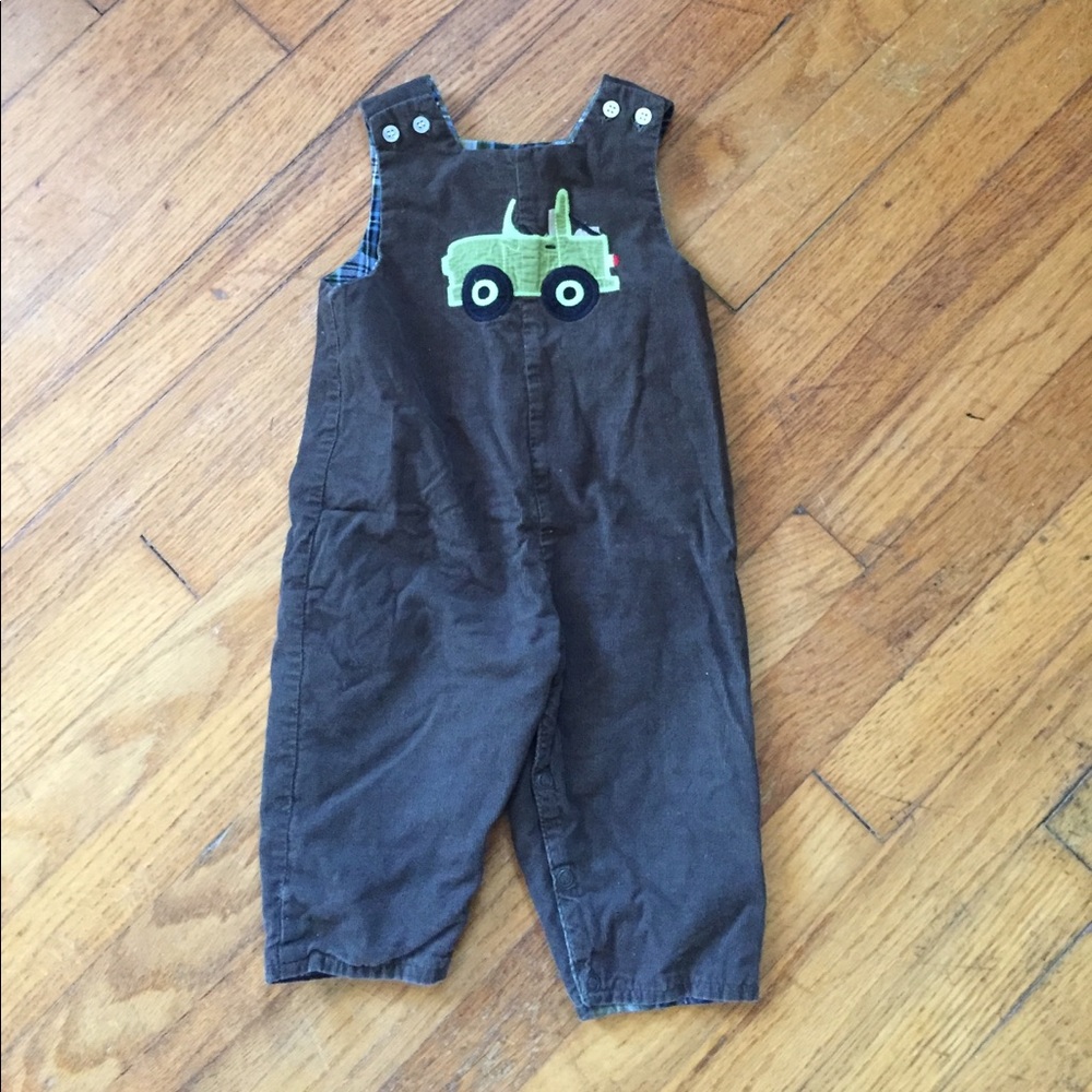 Brown cord coveralls with jeep appliqué